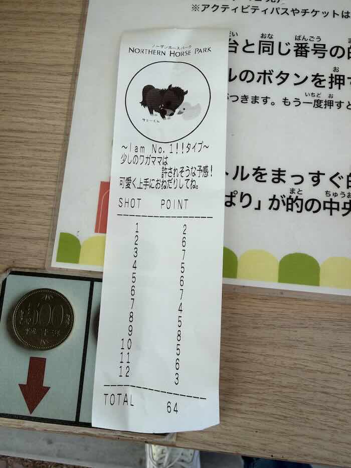 ノーザンホースパークのレーザーシューティングのスコアシート